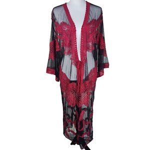Sheer Sexy Embroidered Kimono Robe Coverup OS Black & Red Mesh Whimsigoth Baddie